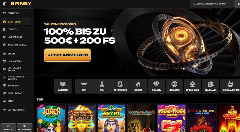Spinsy Online Casino ohne LUGAS-Startseite mit dem Willkommensbonus '100% bis zu 500€ + 200 Freispiele' und auffälligem Anmelde-Button.